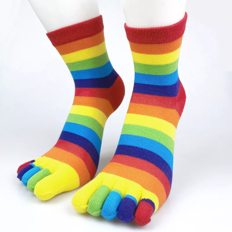 Unisex Warm Split Toe Five Toe Finger Socks Rainbow Stripe Breathable Casual