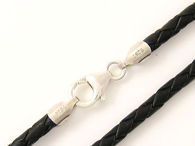 4mm Black Briaded Bolo Leather Cord Necklace 925 sterling Silver Clasp 14'' - 36''