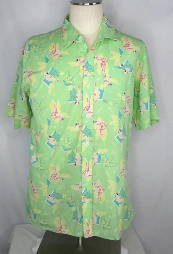 Mens Tispy Elves Hawaiian Shirt Sz L Lt Green Pink Parrots Sh. Sleeve Button EUC - product listing photo