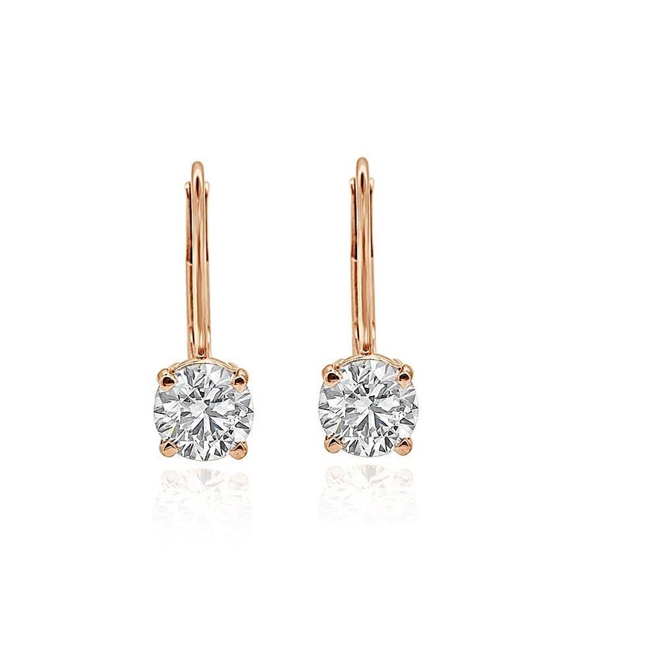 Aretes solitarios VVS E 1,50 quilates cultivados en laboratorio diamantes redondos palanca trasera oro 14K Foto 4 de 4
