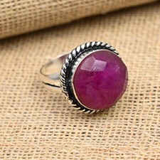 Lab-Created Faceted Ruby Gemstone Handmade 925 Sterling Silver Ring Jewelry