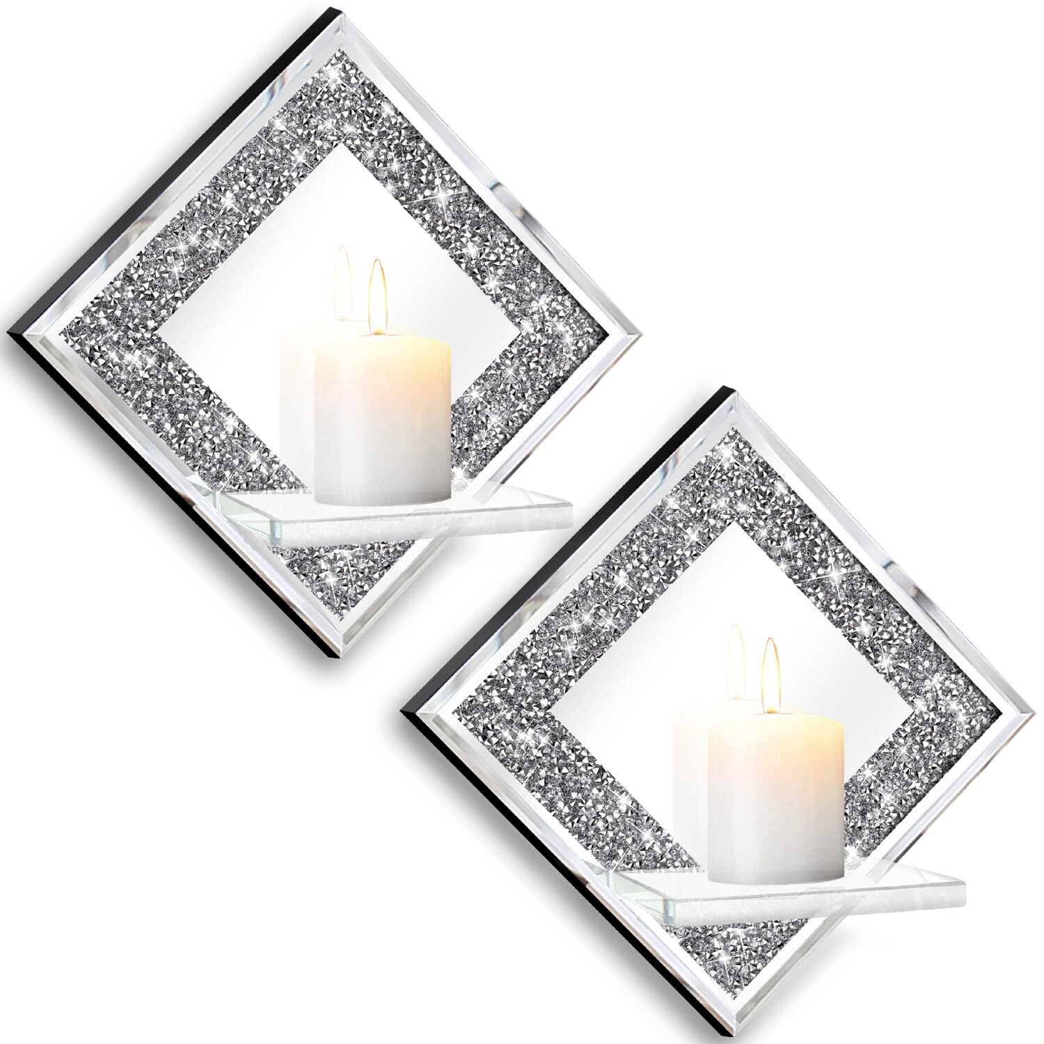 Sparkling Silver Diamond Mirror Candle Holders Set of 2