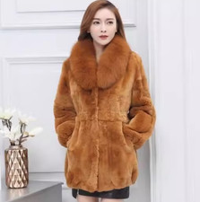 Giacca donna 100% pelliccia di coniglio rex collo pelliccia di volpe invernale media lunga taglia grande