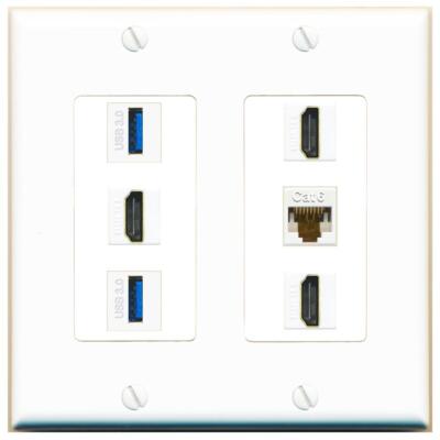 RiteAV 3 Port HD 2 Port USB 3.0 1 CAT6-RJ45 Wall Plate - 2 Gang [White]