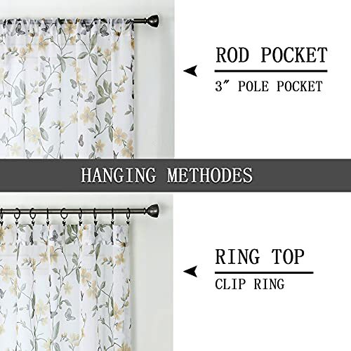 Short Sheer Floral Tier Curtains Flower Butterfly Printed 30"W x 24"L Yellow - Picture 3 of 7