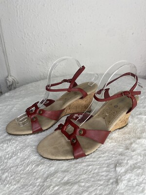 Thom McAn Women s Size 11 Red Strappy Wedge Sandals Open Toe Buckle Ankle Strap