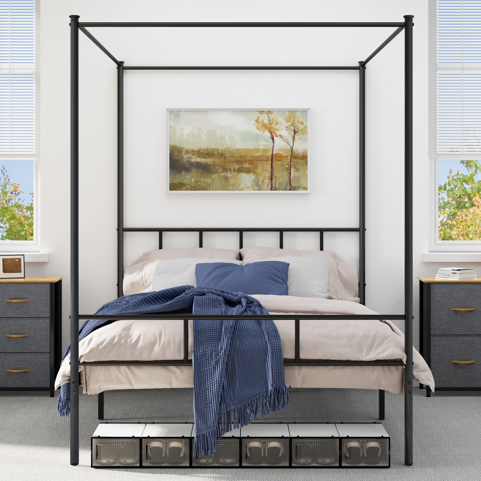 Bed Frame Queen Size Canopy Platform with Metal Slat Mattress Support TAUS-image