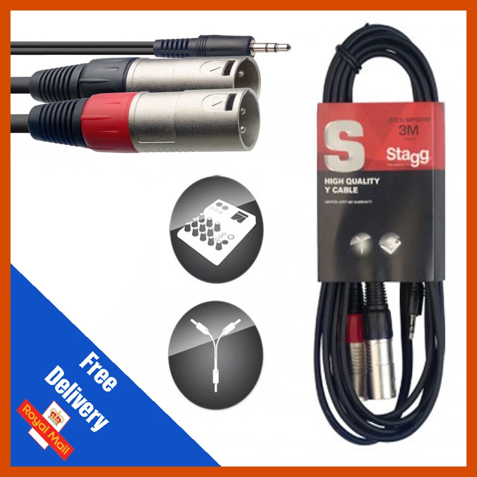 3.5mm Stereo TRS Mini Jack to Twin 2x Male XLR Lead / Audio Signal Cable