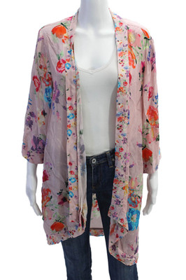 Tolani Womens Open Front 3/4 Sleeve Floral Kimono Jacket Pink One Size