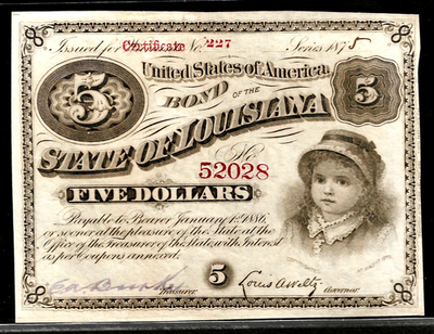 #ad 1875 Baton Rouge Louisiana $5 Dollar Baby Bond Obsolete Note Crisp UNC $28.89