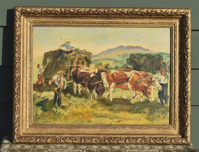 Haycart with Cows Harvest Oil on Artboard Landscape circa 1950 