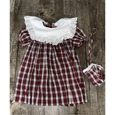 Vintage Rare Editions Kids Red Plaid Dress White Eyelet Lace Collar Size 5/6