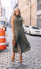 Avara Size L Olive Green Sleeveless Pleated Mixed Media Midi Dress Mock Neck NWT