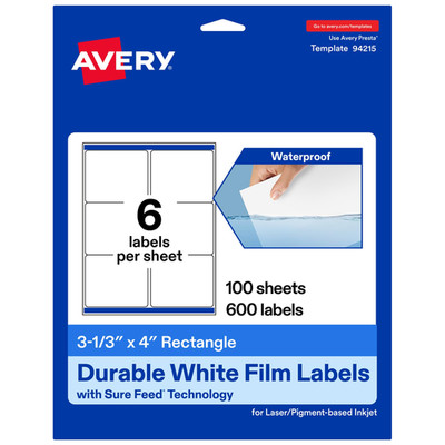 Avery Printable Durable White Rectangle Labels Sure Feed Technology 3-1/3 X 4