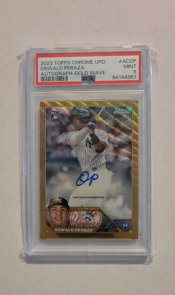 2023 Topps Chrome Update Oswald Peraza Rookie Gold Wave Ref. Auto #'/50 PSA 9