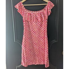 Tommy Bahama Pink Orange White Gingham Ruffle Off Shoulder Mini Dress Women's M