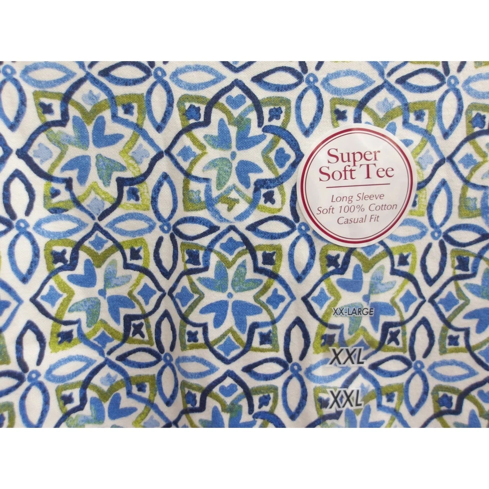 Camiseta Kim Rogers Mujer XXL Azul Verde Blanco Geométrica Suave Manga Larga / #1147 Foto 2 de 4