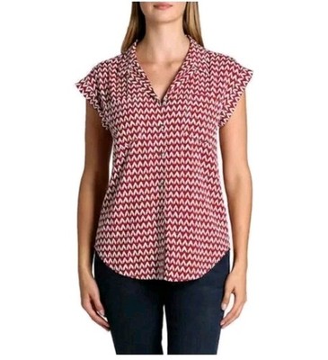 Jachs Girlfriend Cap Sleeve Womens Button Up Shirt Red/White Bohemian Size Med.