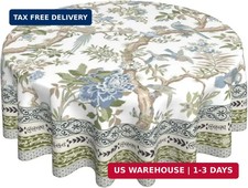 Chinoiserie Floral Bird Round Tablecloth 70 Inch Vintage Blue Green Floral Bird