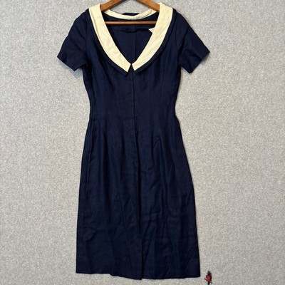 Vintage 50s Henry Rosenfeld Navy Blue Dress Cream Shawl Collar Linen Sheath  Midi | eBay
