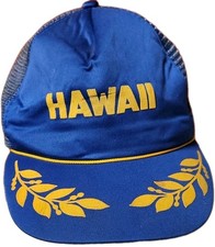 HAWAII Trucker Hat Cap Blue Snapback Mesh Rope Golden Leaves Foam Vintage 80's