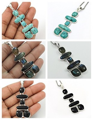 Inukshuk Anhänger 925 Silber Naturschwarz Onyx Labradorite Türkis Edelsteine