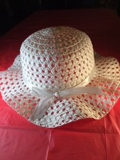 Vintage White Woven Girl's Straw Hat with Ribbon, Great For Spring