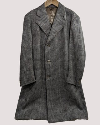 Vintage Centaur Crombie Tuch Herren Reine Wolle Tweed Mantel Grau Kariert Coat 44 XL