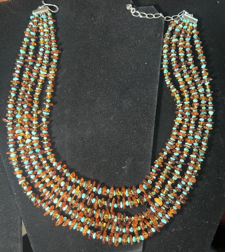 Sterling Silver Mine Finds By Jay King 5 Strand Amber Chip & Turquoise Necklace - Picture 8 of 9