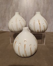 Vintage White Stoneware Bud Vases Set of 3 with Abstract Floral Motif.  Unique!