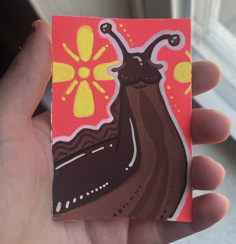 ACEO Original Brown Slug Acrylic Marker Neon Orange Art Cards NovaGale 2.5x3.5