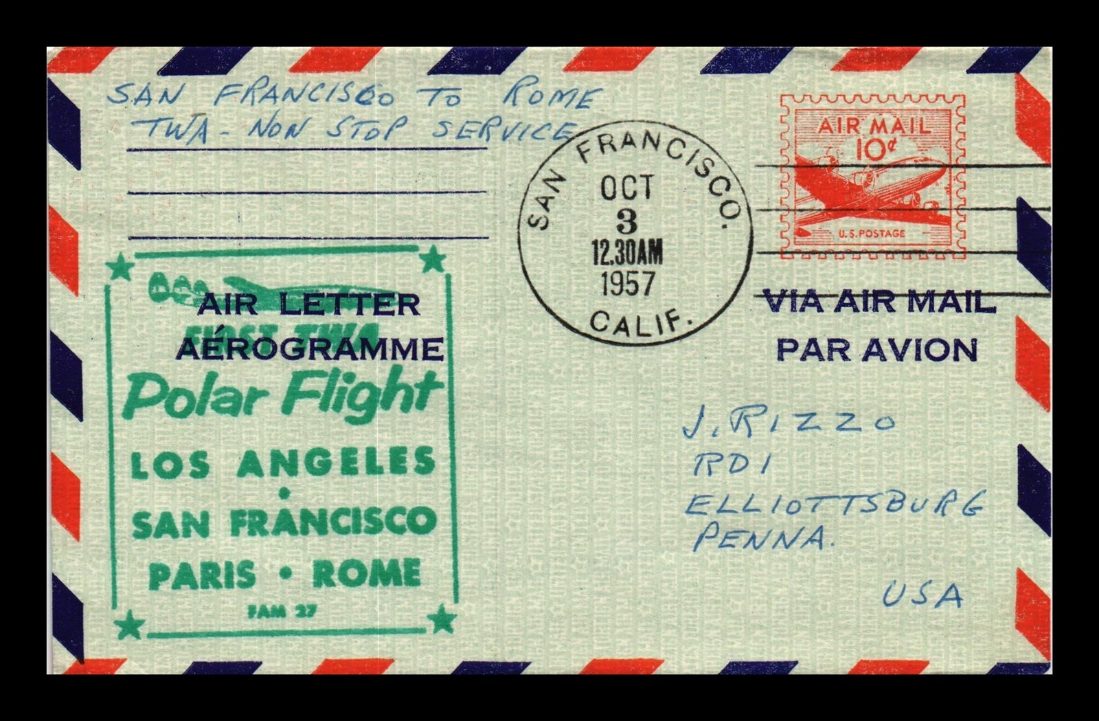 Dr Jim Stamps Us Cover Twa First Flight Air Mail Fam 27 San Francisco Rome