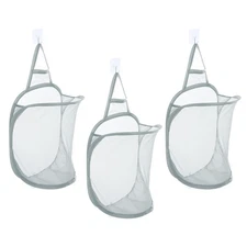 3Pcs Hanging Mesh Laundry Hamper Bag with Hooks for Dirty Clothes Grey