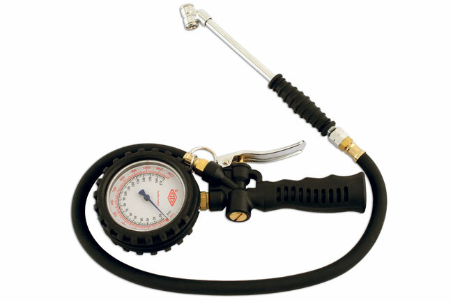 Laser Tools DIAL Tyre Inflator Gauge Heavy Duty Hose TWIN HOLD ON CONNECTOR