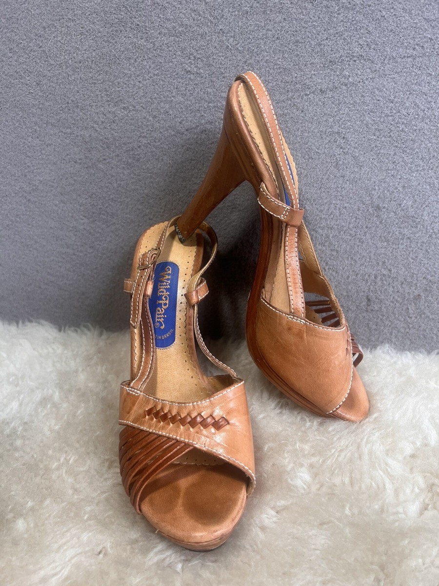 Vintage 70s Wild Pair Brown Leather Stacked Wood Heel Platform