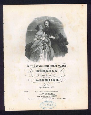 c1845 Si Tu Savais Combien Je T'aime - Bouillon Original Sheet Music Lithograph