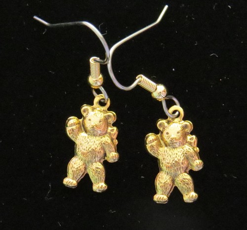Teddy Bear Earrings Waving Bears 24 Karat Gold Plate or Oxidized Matte Silver - Picture 2 of 5