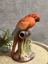 Vintage Czech red/blue winged parakeet on green stump flower frog