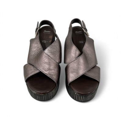 Bata Pewter Gray Leather Open Toe Ankle Strap Wedge Platform Sandals Size 38/7.5