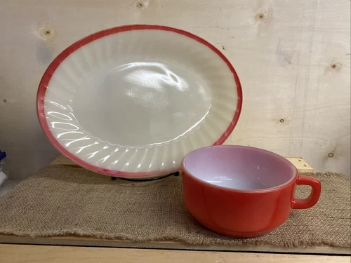 VINTAGE FIRE-KING RED STACKABLE  SOUP MUG And 12” Oval Platter