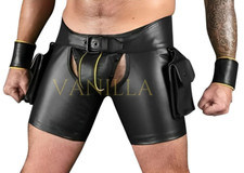 Men's Real Leather Chaps Shorts Gay Cargo Pockets Chaps Clubwear Fetish Shorts