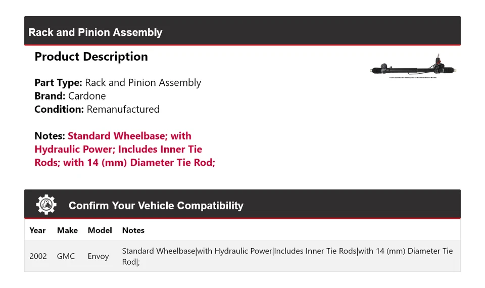适用于 2002 年 GMC Envoy 机架和小齿轮总成 Cardone — 第 2/4 张图片