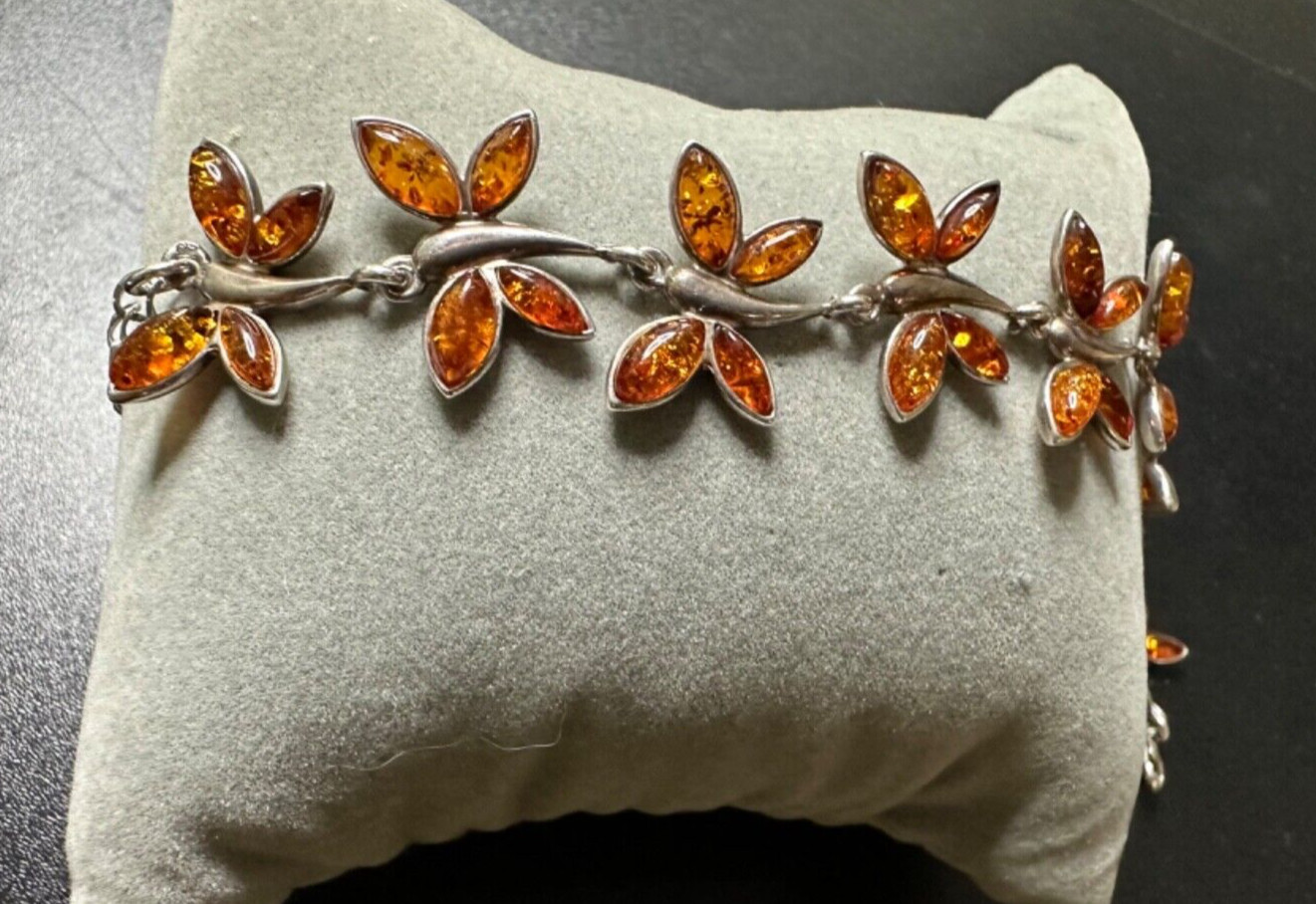 925 Solid Sterling Silver Link Bracelet Amber But… - image 8