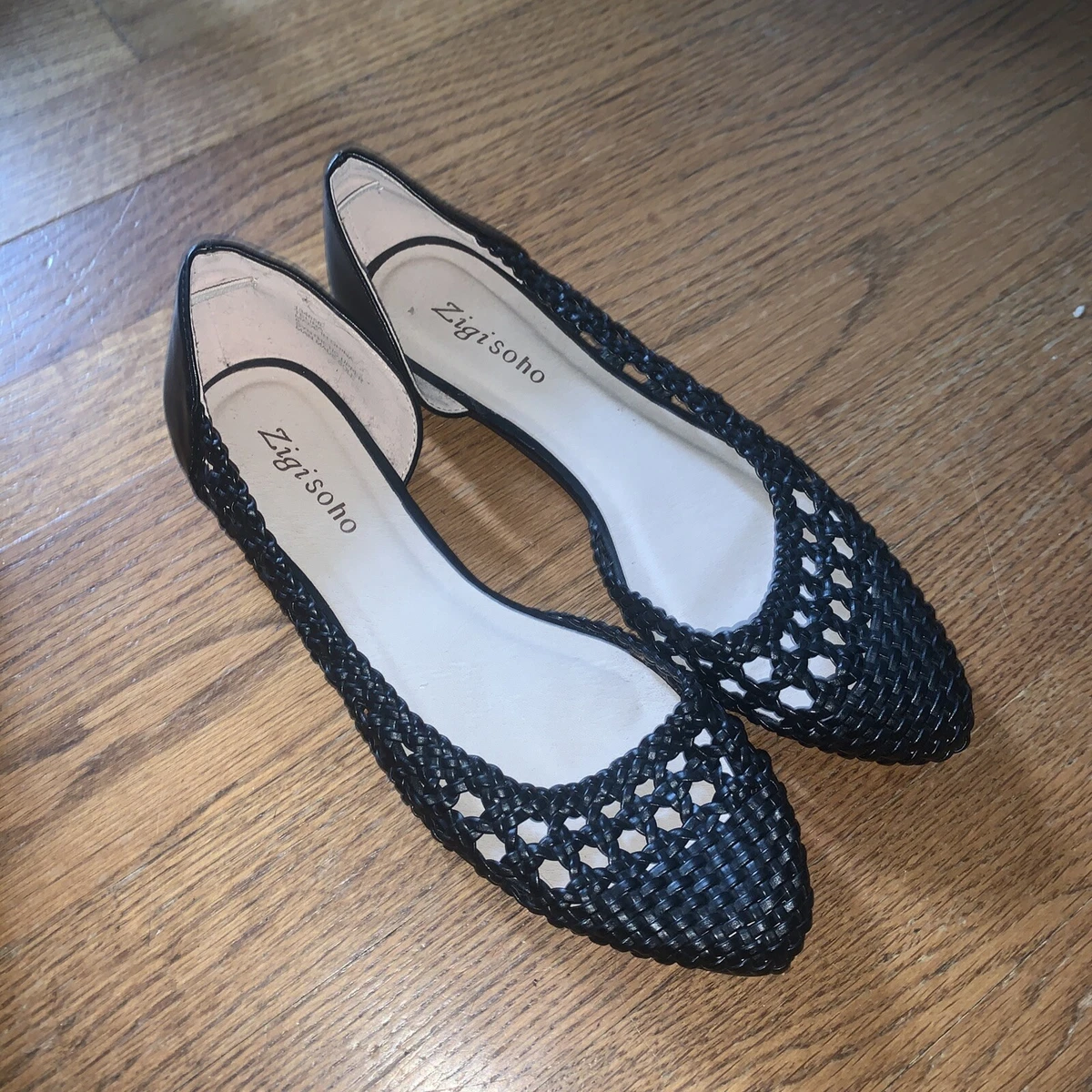 ZIGI SOHO Black Perforated Basket Weave Ballet Flats Slides Womens
