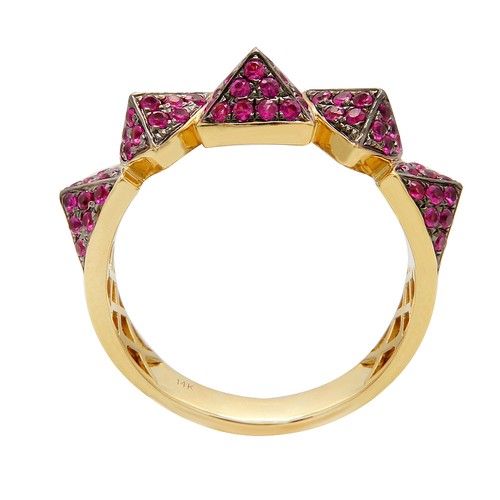 14K YELLOW GOLD RUBY SPIKE PYRAMID WEDDING BAND COCKTAIL STATEMENT RING - Picture 2 of 2