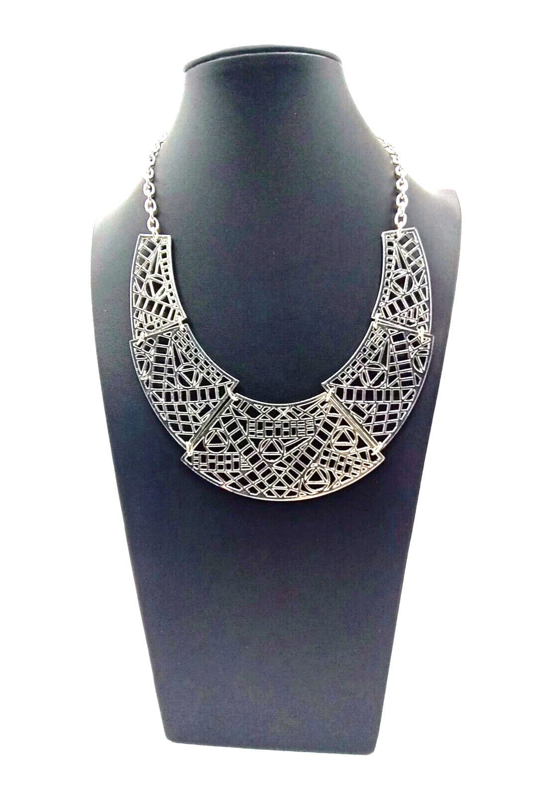 Aztec Pattern Silver-Tone Bib Statement Necklace - image 2