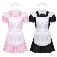 Mens Sissy French Maid Uniform Costume Satin Dress Apron with Headband Outfits