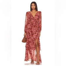 ASTR The Label Anora Dress Rust Floral print chiffon peasant maxi Revolve S