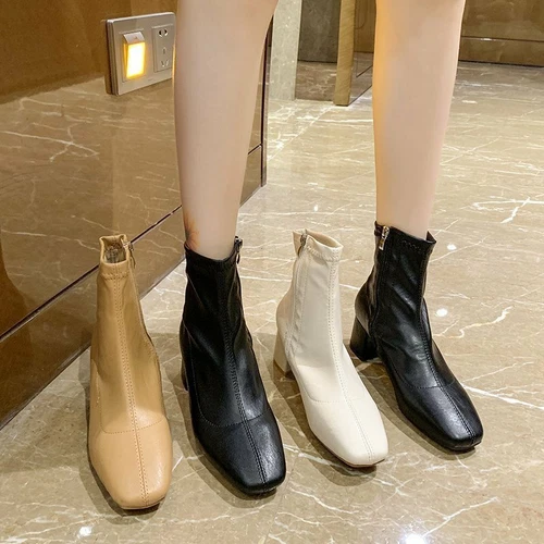 Womens Square Toe Med Block Heels Ankle Riding Boots Zip Side Fashion Shoes - Picture 2 of 15