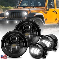 7 Black Led Headlights 4 Led Fog Lights For Jeep Wrangler Jk Tj Lj 1997-2017